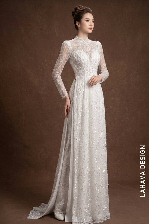 Ethereal White Lace & Sequin Bridal Áo Dài – Modern Elegance Meets Tradition
