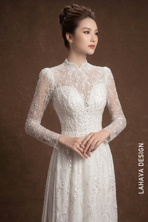 Ethereal White Lace & Sequin Bridal Áo Dài – Modern Elegance Meets Tradition