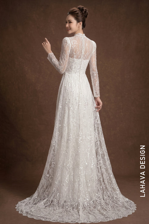 Ethereal White Lace & Sequin Bridal Áo Dài – Modern Elegance Meets Tradition