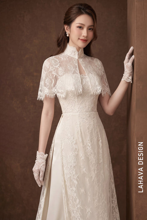 Exquisite White Lace Wedding Ao Dai with Capelet Detail