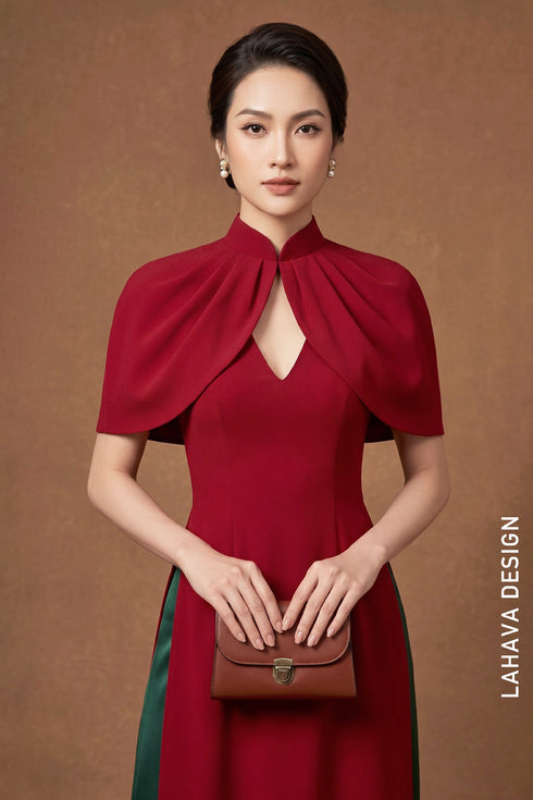 Elegant Crimson Red Modern Ao Dai with Emerald Silk Pants