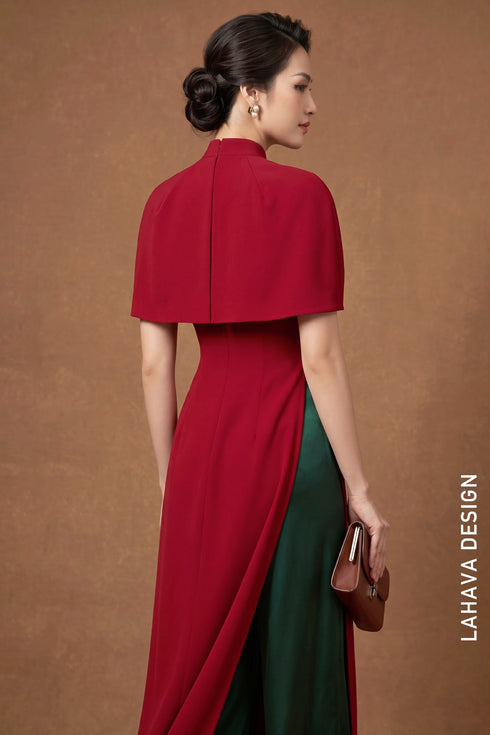 Elegant Crimson Red Modern Ao Dai with Emerald Silk Pants