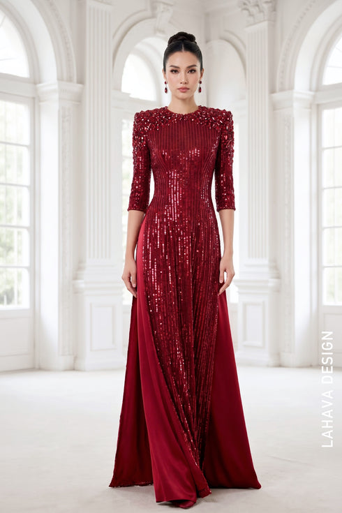 Luxury Burgundy Sequin & Hand-Beaded Evening Ao Dai