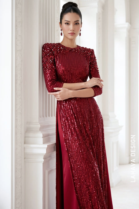 Luxury Burgundy Sequin & Hand-Beaded Evening Ao Dai