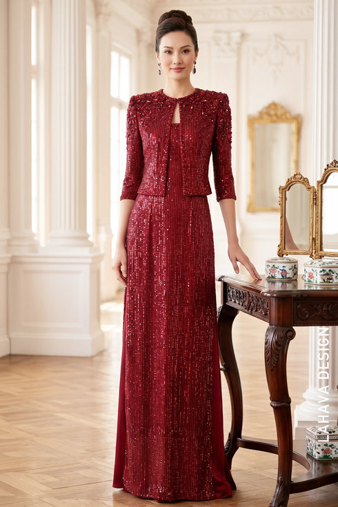 Premium Deep Red Sequin & Hand-Beaded Mother of the Bride Ao Dai