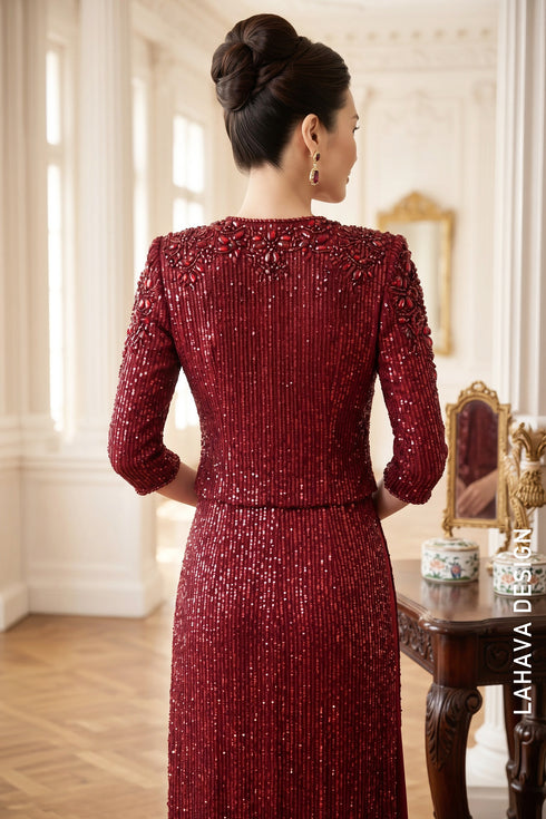 Premium Deep Red Sequin & Hand-Beaded Mother of the Bride Ao Dai