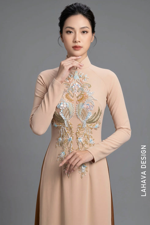 Elegant Beige Ao Dai with Exquisite Beadwork