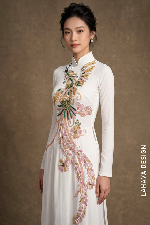 White Bridal Áo Dài with Handcrafted Phoenix & Floral Beadwork