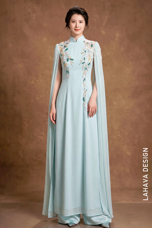 Elegant Pastel Blue Modern Ao Dai with Beaded Cape Sleeves