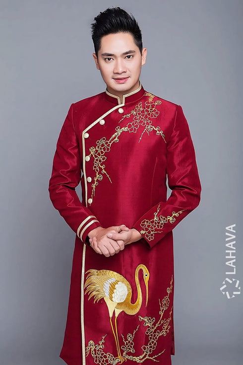 Dark red hand embroidered ao dai for men