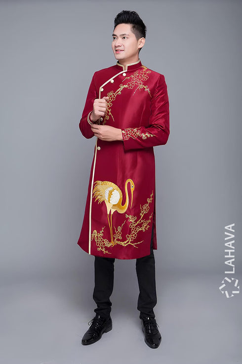 Dark red hand embroidered ao dai for men