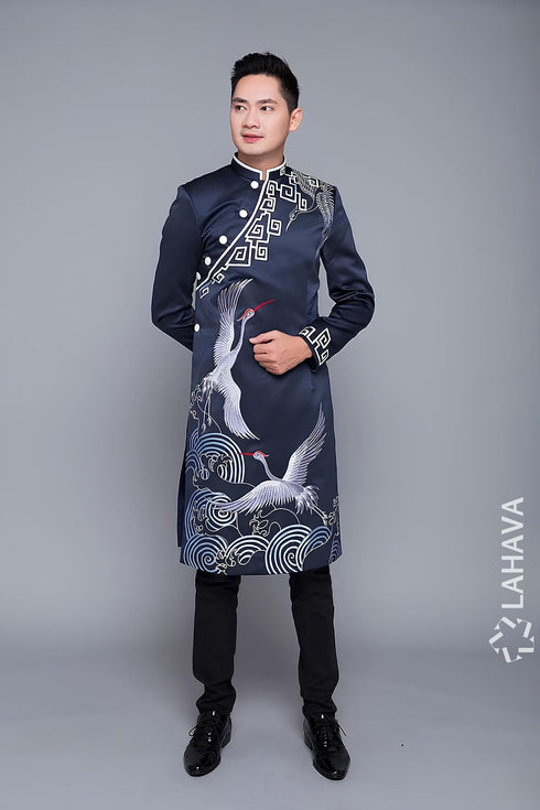 Navy blue hand embroidered ao dai for men