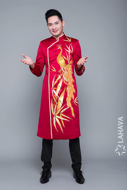 Red ao dai with a peacock embroidered