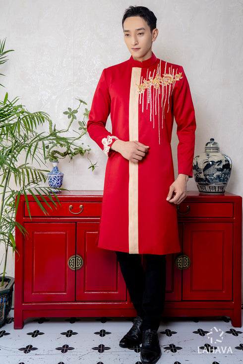 Red men's ao dai with the gold beadwork