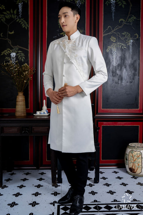 Modern men's ao dai with embroidery lace