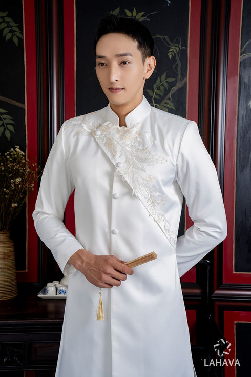 Modern men's ao dai with embroidery lace