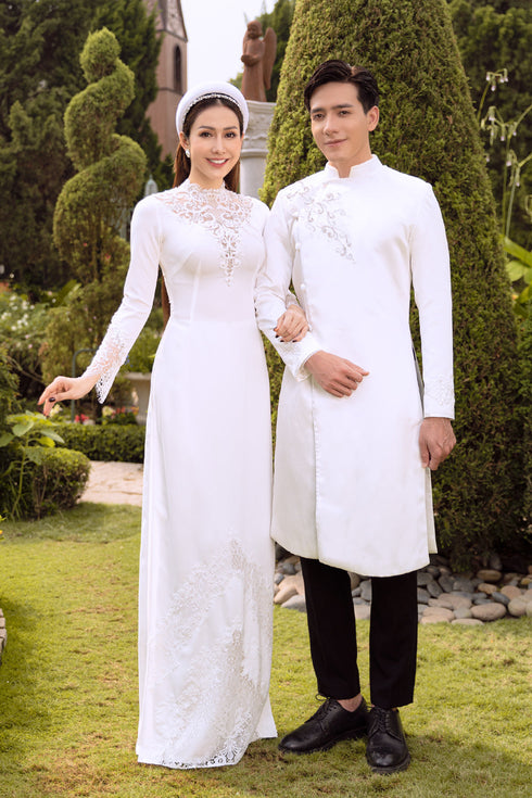 White modern ao dai cut out on the back - Sale