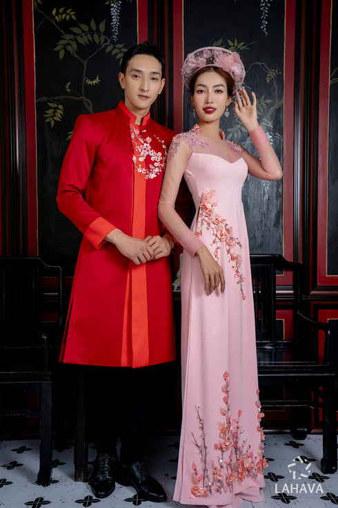 Couple wedidng ao dai with 3D flowers