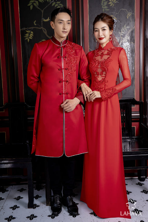 Red mens' ao dai with the white trim