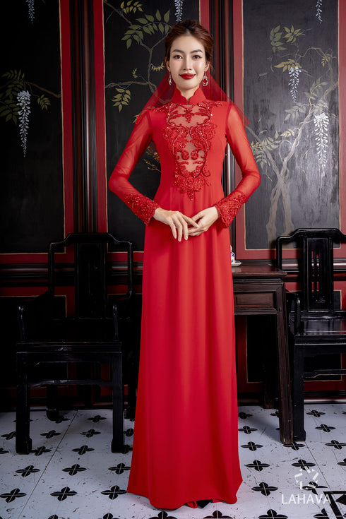 Exquisite red bridal ao dai features a modern cut-out design