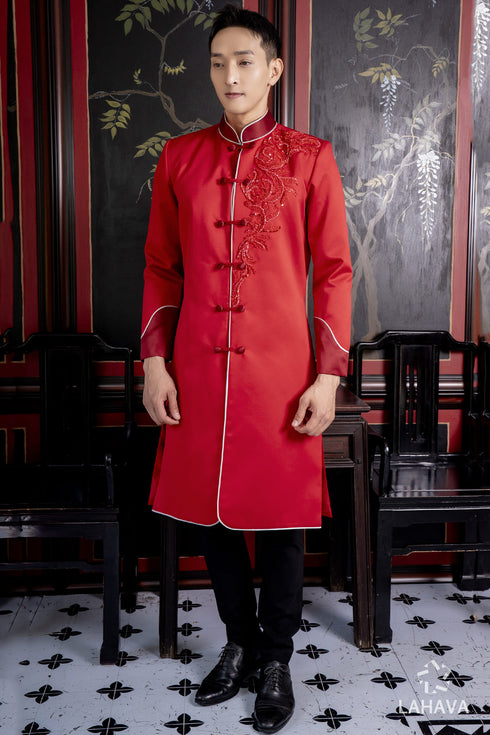 Red mens' ao dai with the white trim