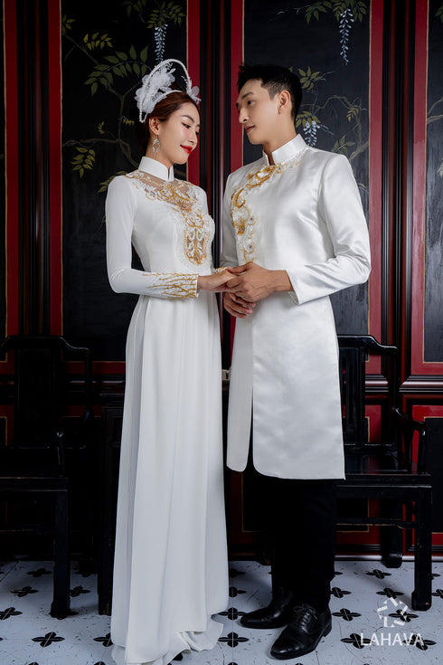 White wedding ao dai features intricate gold beadwork