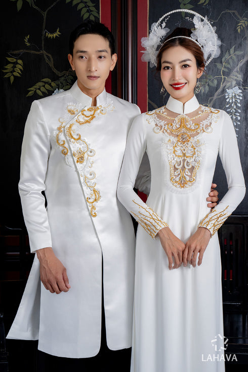 White couple ao dai with gold beadwork
