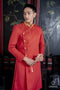 Red men's ao dai beaded with gold collar