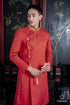 Red men's ao dai beaded with gold collar