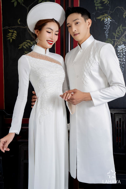 White couple ao dai with exquisite beadwork