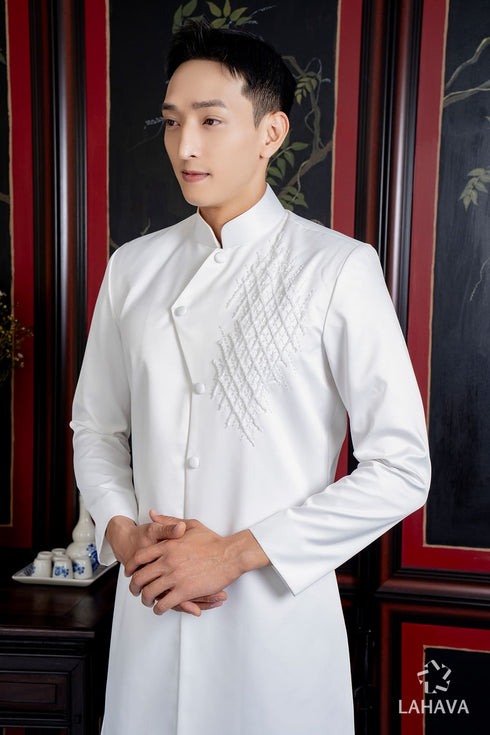 Impression white men's ao dai beaded
