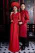 Red modern couple bridal ao dai beading