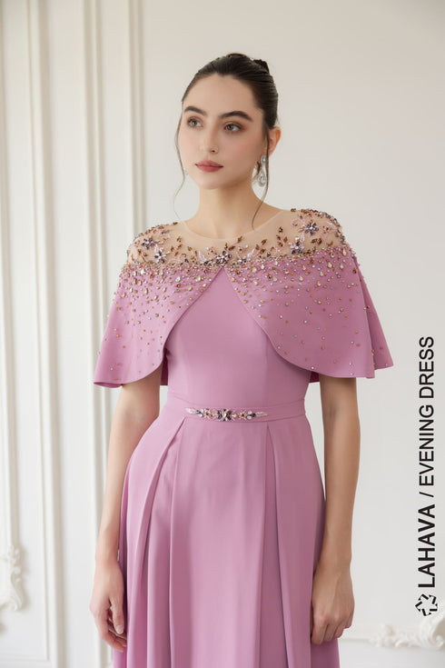Cape sleeves beaded evening gown
