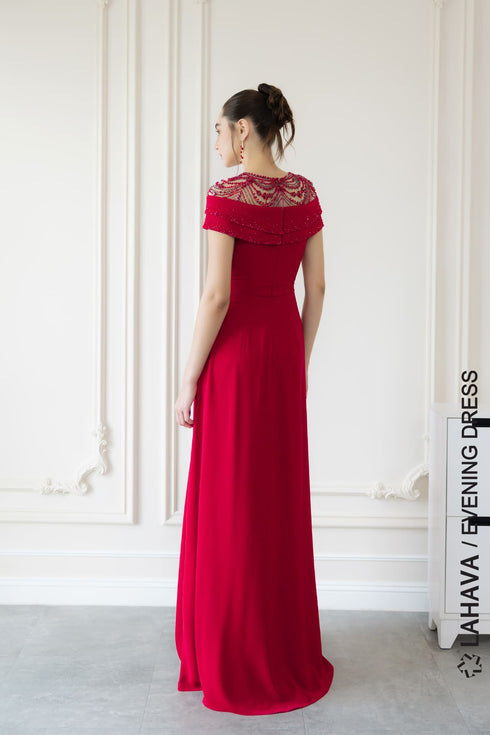 Red pleated beading evening gown