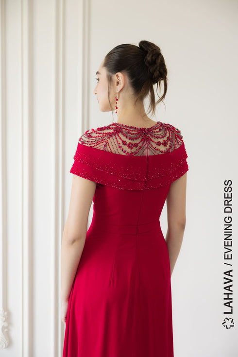 Red pleated beading evening gown