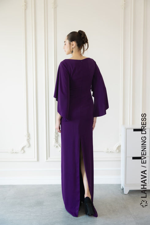 Purple column dress with cape sleeves