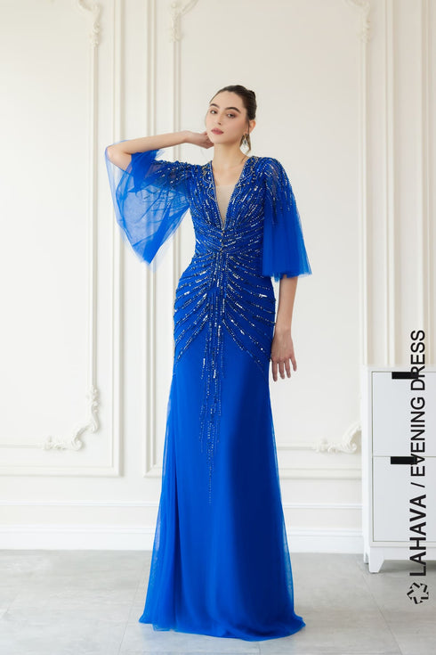 Blue V-neck evening dress with tulle cape sleeves