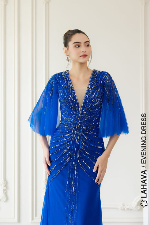 Blue V-neck evening dress with tulle cape sleeves