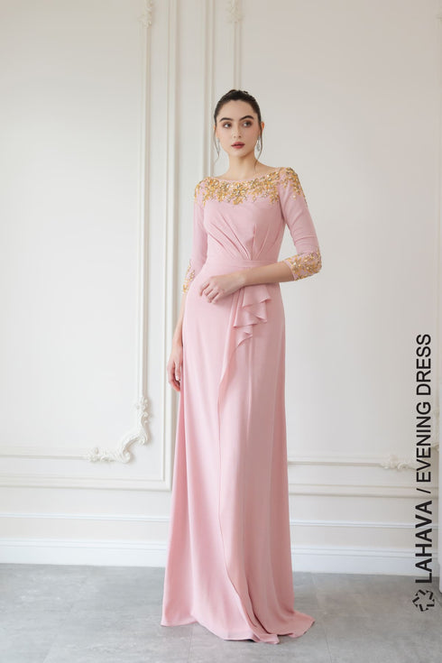 Pink pleated skirt with gold beading gown