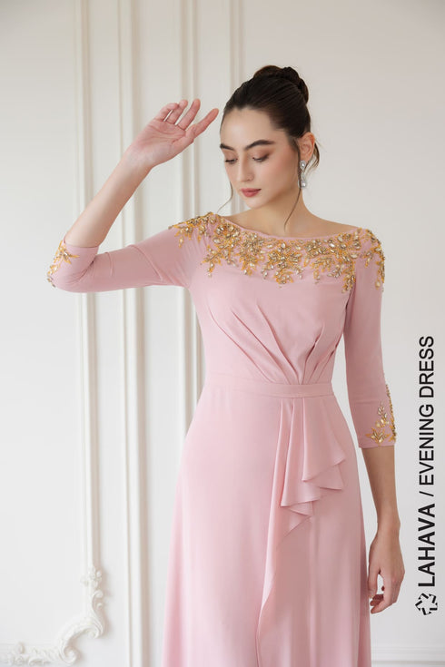 Pink pleated skirt with gold beading gown