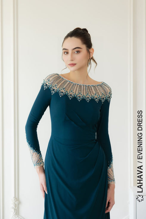 Blue long sleeves beaded evening gown