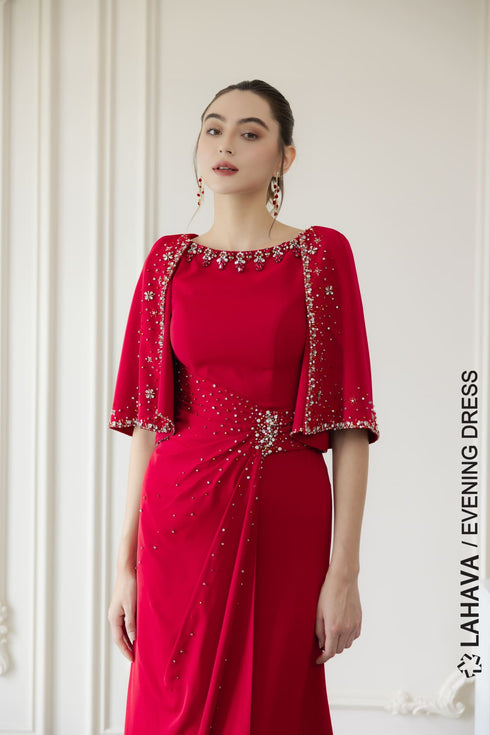 Red slit sleeves beaded evening dress