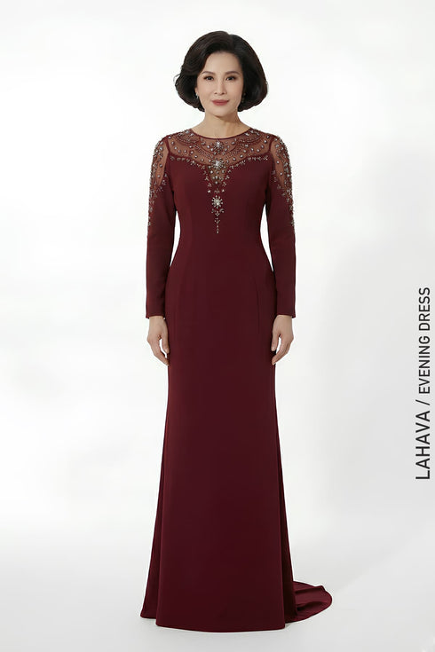 Burgundy Crystal-Embellished Evening Gown