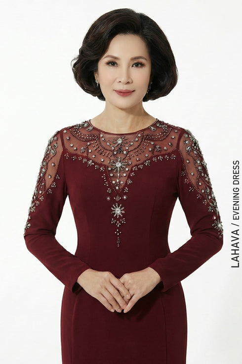 Burgundy Crystal-Embellished Evening Gown
