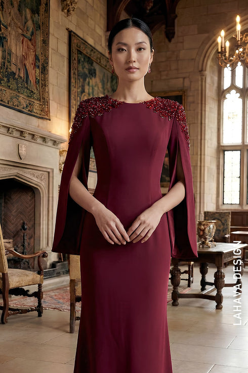 Elegant Burgundy Cape-Sleeve Evening Gown with Beaded Shoulders