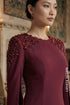 Elegant Burgundy Cape-Sleeve Evening Gown with Beaded Shoulders