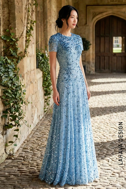 Sky Blue Jewel Neck Sequin Embellished Evening Gown