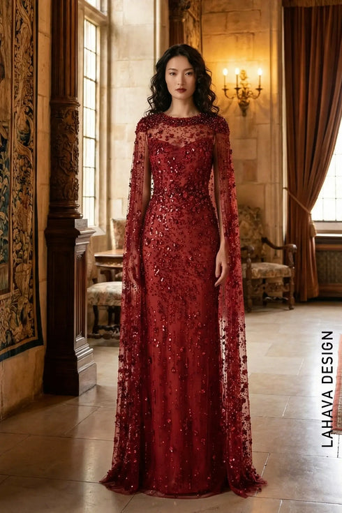 Burgundy Sequin Illusion Neck Dress with Floor-Length Cape