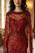 Burgundy Sequin Illusion Neck Dress with Floor-Length Cape