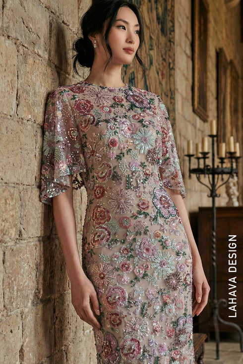 Luxurious Floral Beaded Evening Gown with Cape Sleeves